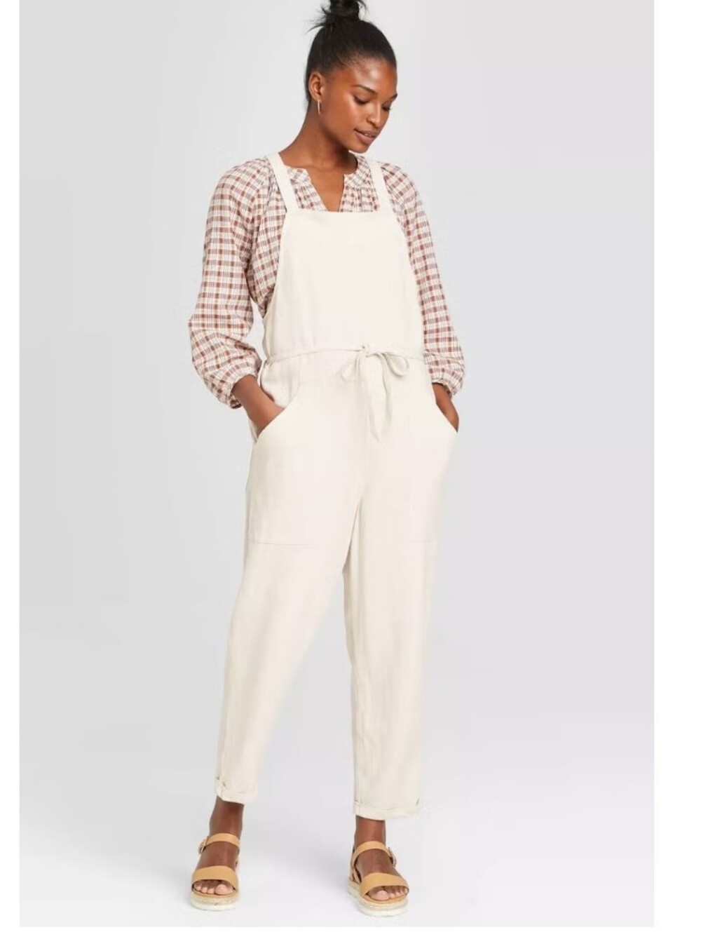 NWT Universal Thread Linen Blend Cream Belted Overalls Romper